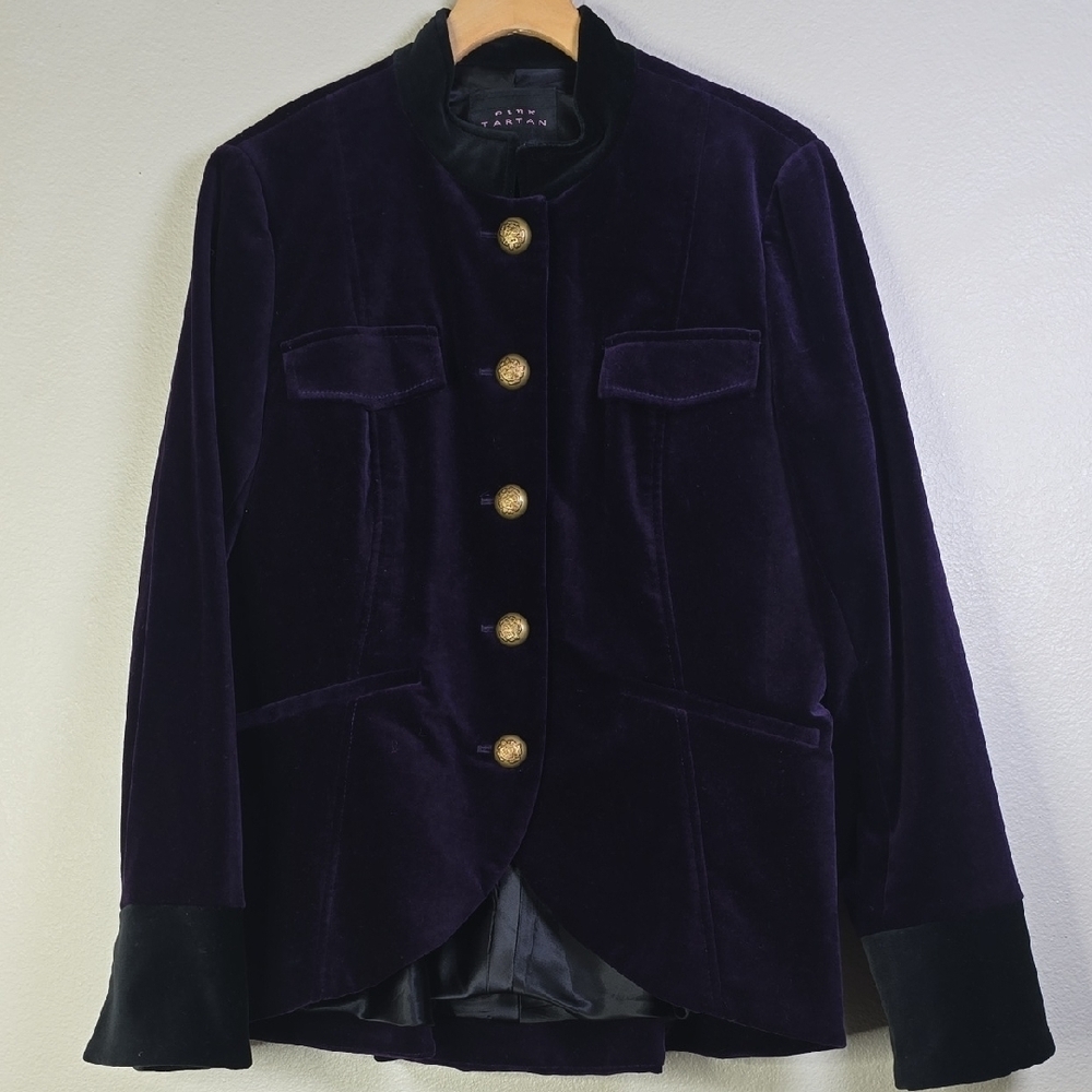 Pink Tartan Velvet  Purple With Black Neckline And Sleeves Color Blazer Size 12.